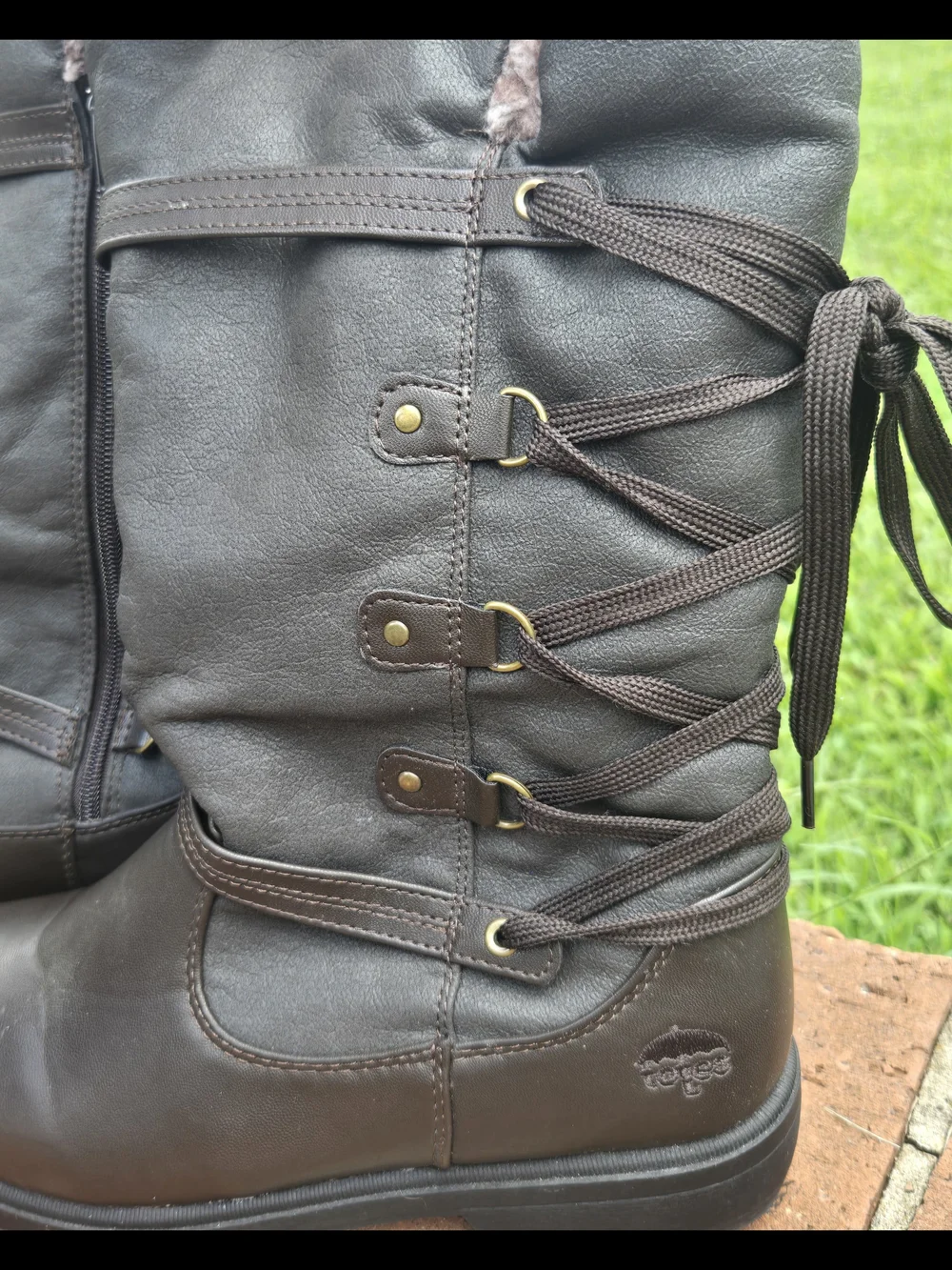 totes Brown Lace-Up/ Side Zipper Winter Rain Boots Sz 10
